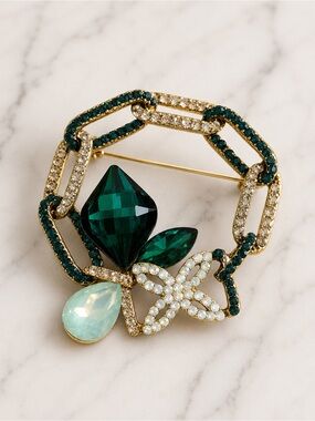 Gold-Tone Green Crystal Floral Brooch - Emerald & Mint Accents chain link